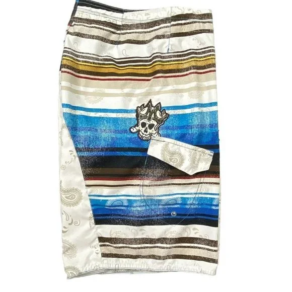 Micros Board Shorts Swim Bathing Suit Mens size 33 White Blue Skull Paisley - Picture 4 of 8